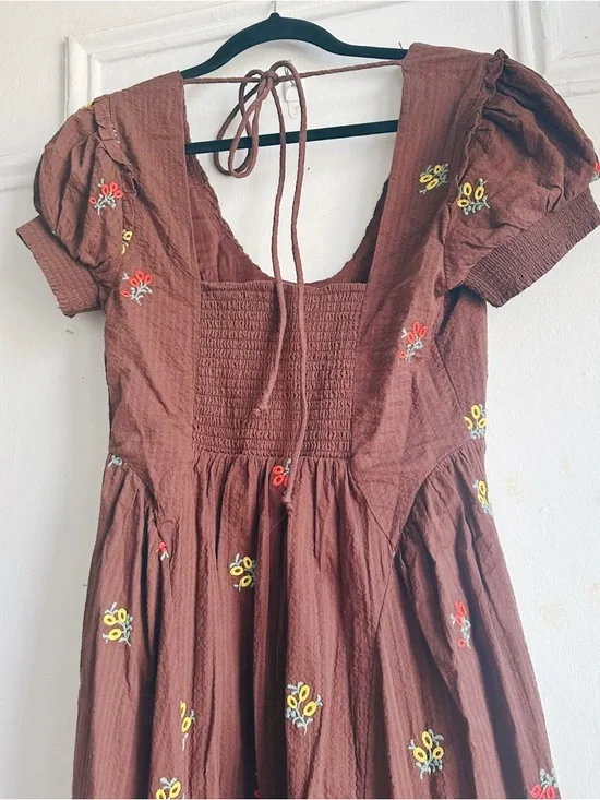 Free People Maisie Midi Brown Floral Embroidered Dress Small Boho Cottage Core - Picture 10 of 11